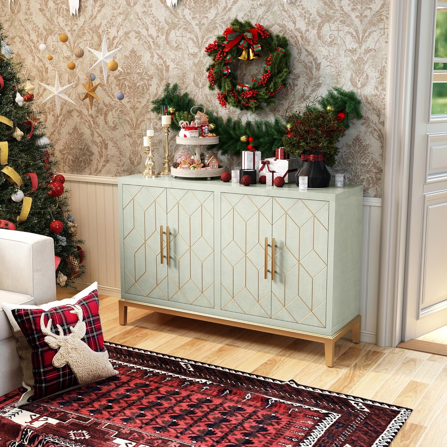 HLR® Akzentschrank mit 4 Türen und Regalen, Sideboard-Buffetschrank mit Goldrand