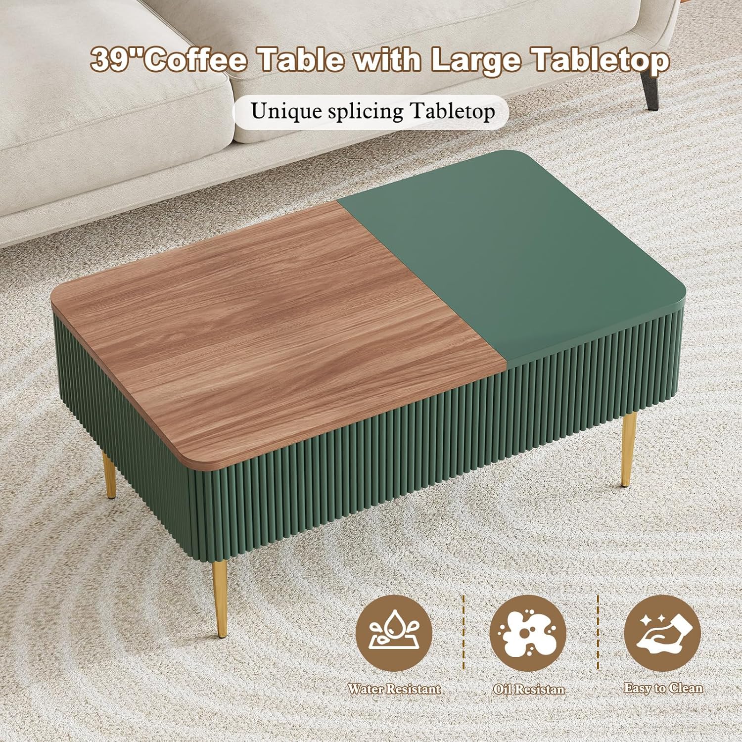 HLR® 39" Lift Top Coffee Table with Hidden Storage Compartment, Modern Rising Wood Dining Center Table