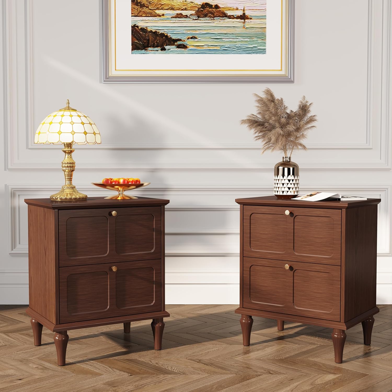 HLR® Mid-Century Modern Nightstand Set of 2, with Storage Drawers and Solid Wood Legs