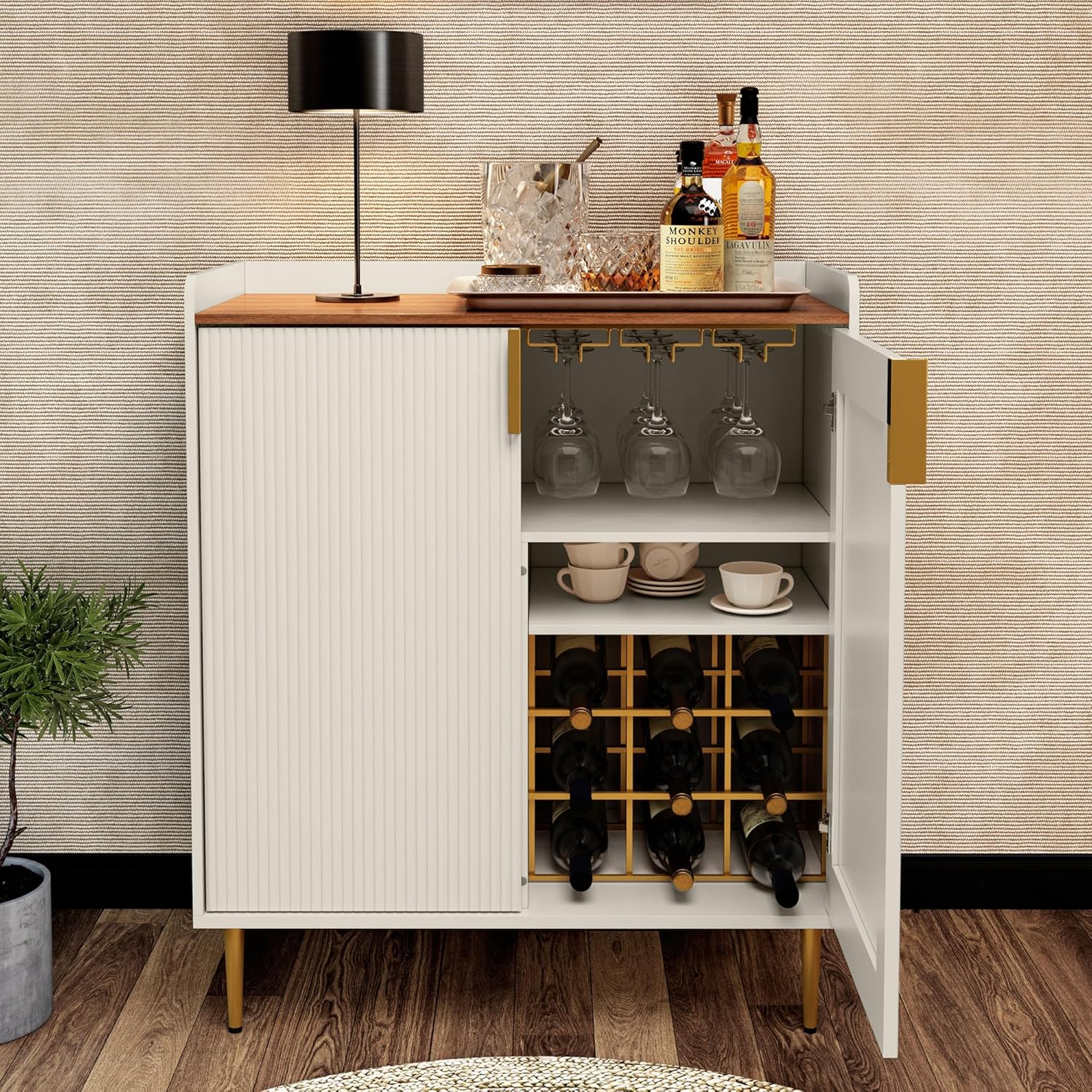 HLR® Coffee Bar Cabinet with Wine Racks, Green Liquor Cabinet with Fluted Texture