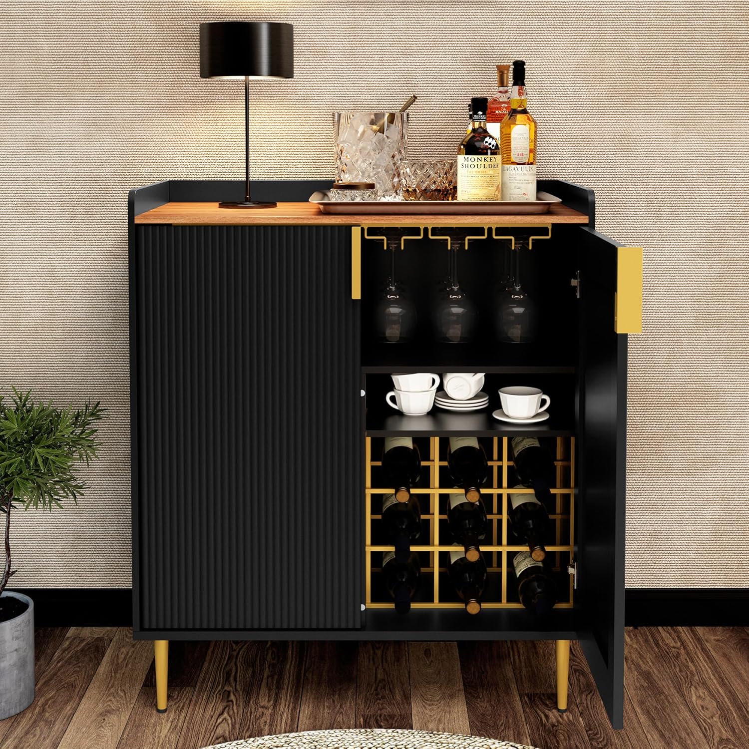 HLR® Coffee Bar Cabinet with Wine Racks, Green Liquor Cabinet with Fluted Texture