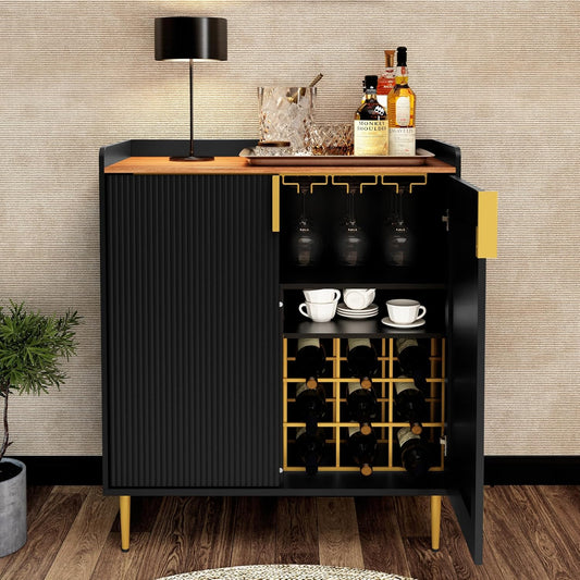 HLR® Coffee Bar Cabinet with Wine Racks, Green Liquor Cabinet with Fluted Texture