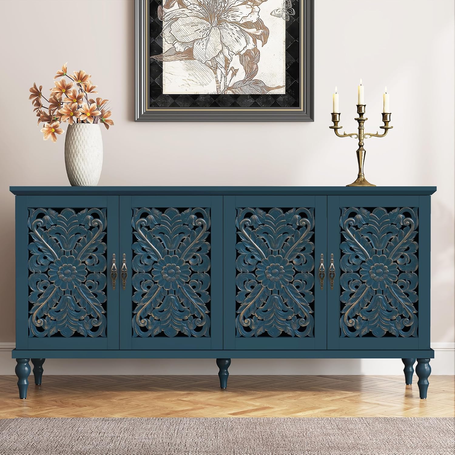 HLR® Accent Cabinet with 2 Doors, Vintage Carved Wood Storage Cabinet, Sideboard Buffet Cabinet