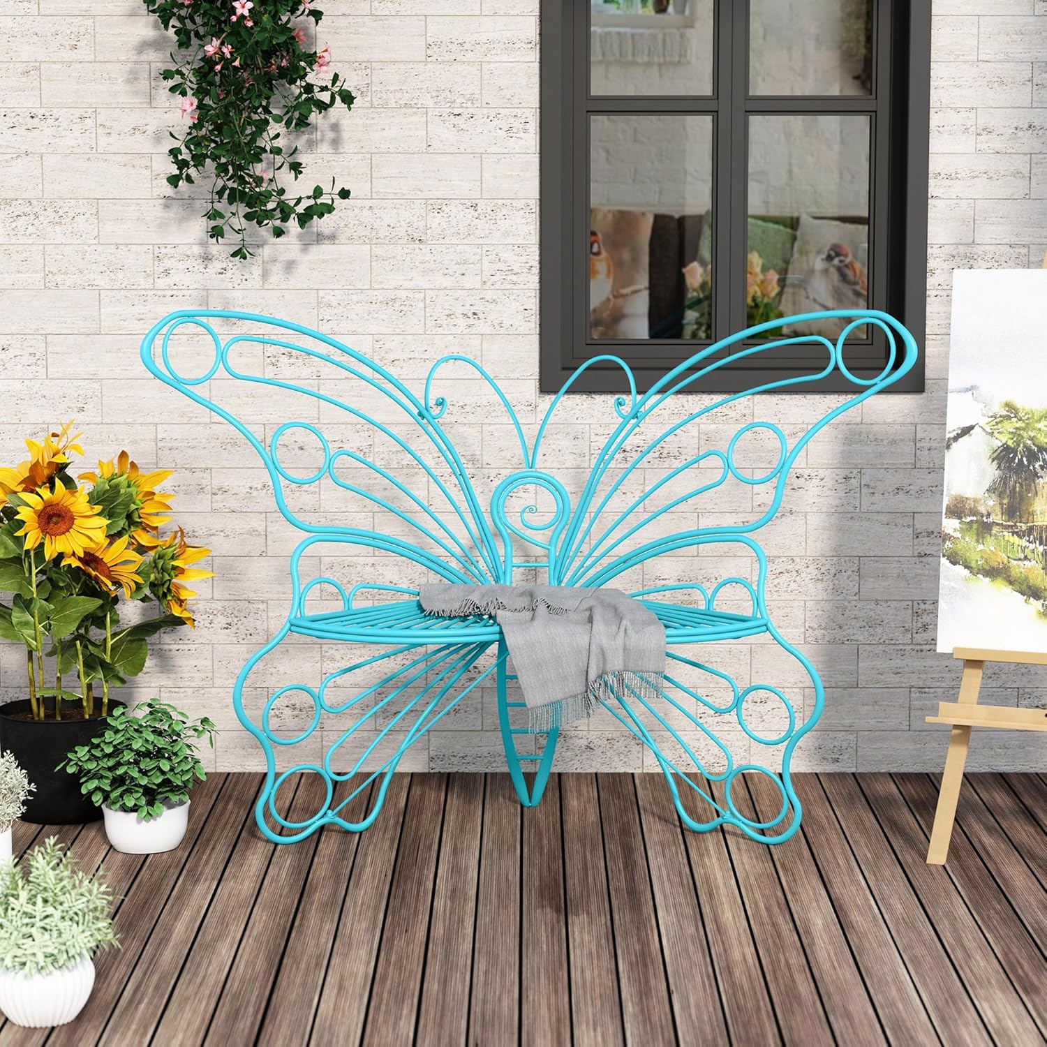HLR® 50 Inches Outdoor Bench, Garden Bench with Sturdy Iron Metal Frame, Pretty Butterfly Bench Front Porch Bench