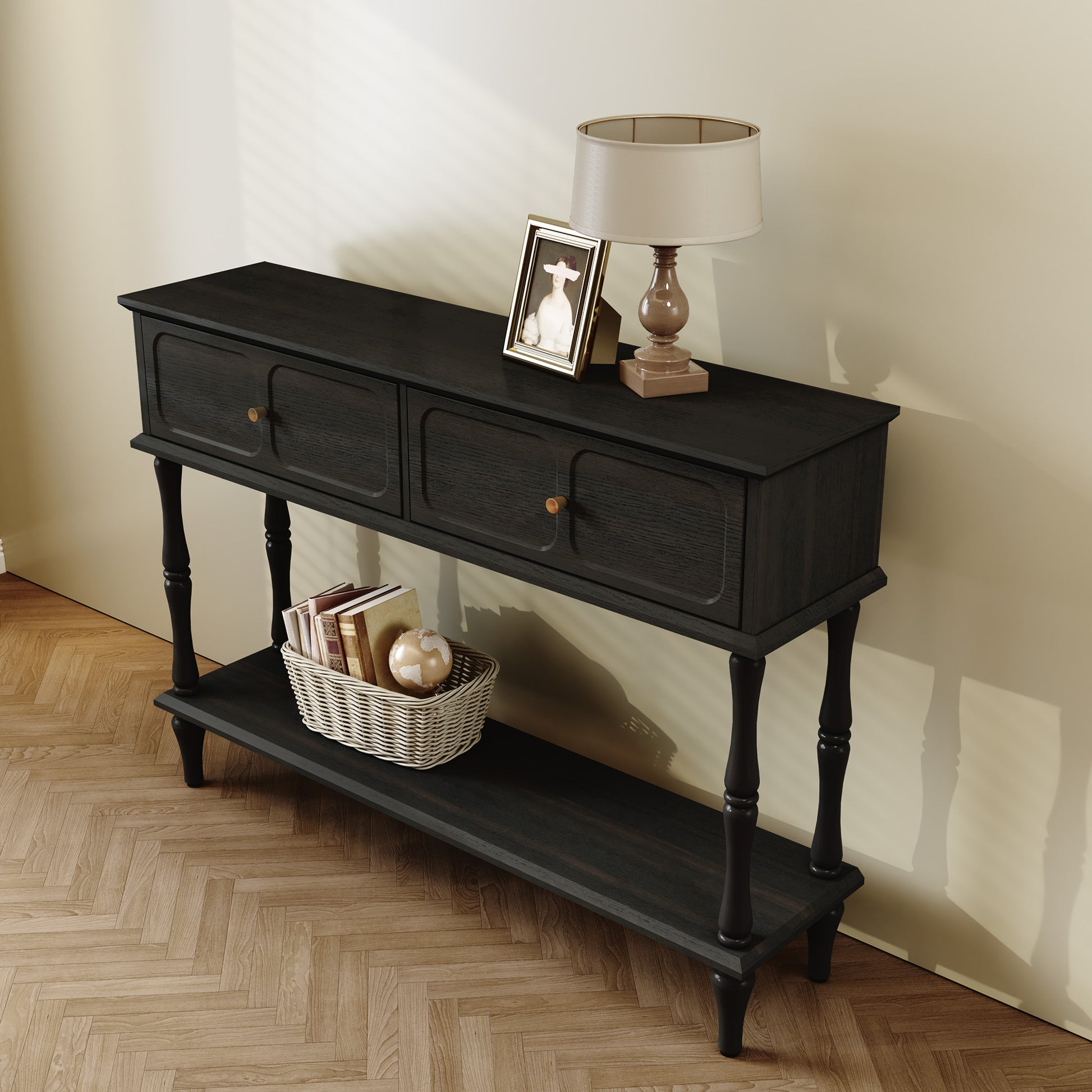 HLR 47" Mid Century Console Table, Aged Finish Entryway Table with Storage Shelf for Hallway, Black