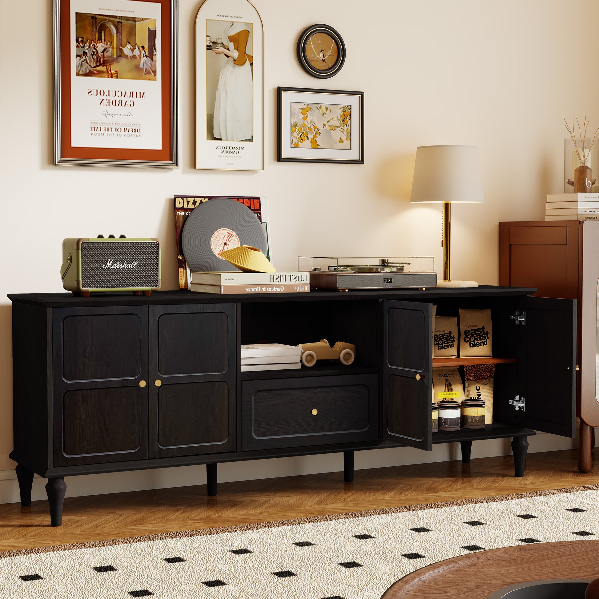 CBJCBJ 67"Mid-Century Modern TV Stand with Storage and Adjustable Partition , Media Console for TVs up to 75", Black