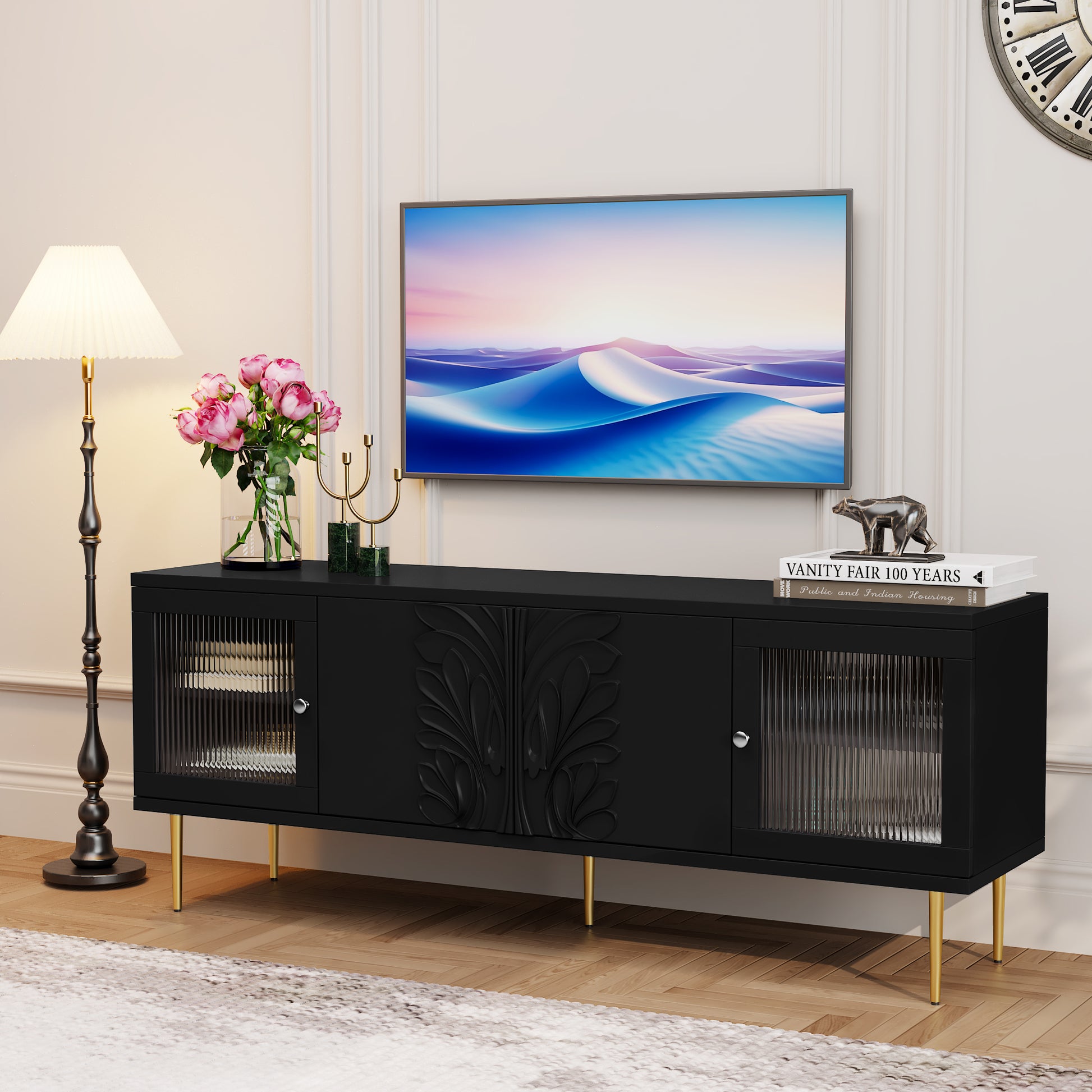 CBJCBJ Modern TV Stand for 70" TV, TV Console Cabinet with Storage, Entertainment Center for Living Room, Black