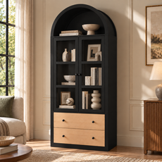HLR 71" Tall Arched Modern Display Cabinet with Drawers, Curio Bookcases Cabinet with Glass Doors, Black