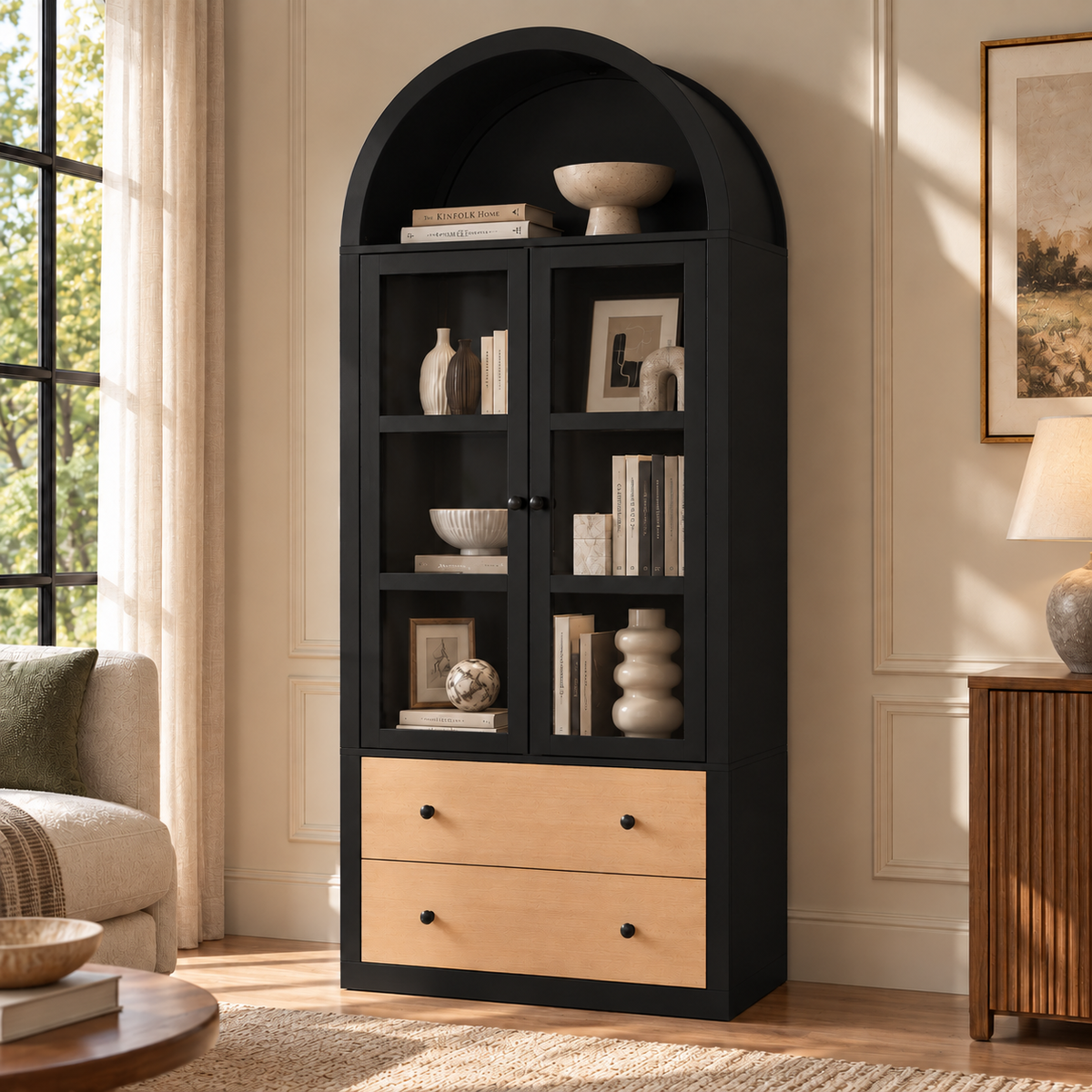 HLR 71" Tall Arched Modern Display Cabinet with Drawers, Curio Bookcases Cabinet with Glass Doors, Black
