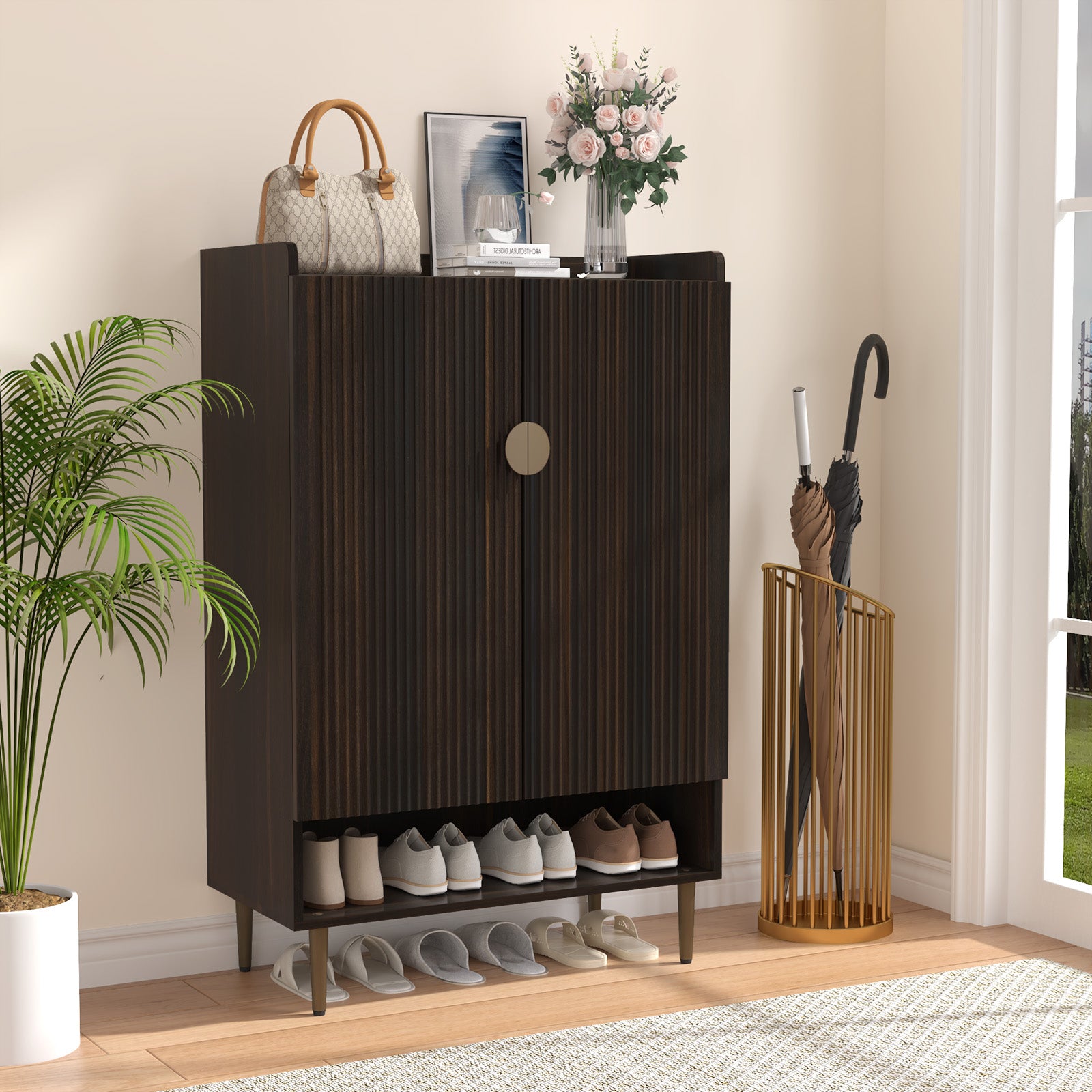 HLR Modern Wooden Shoe Storage Cabinet with 6-Tier Adjustable Shelves, Freestanding Shoe Organizer with Doors for Hallway, Brown