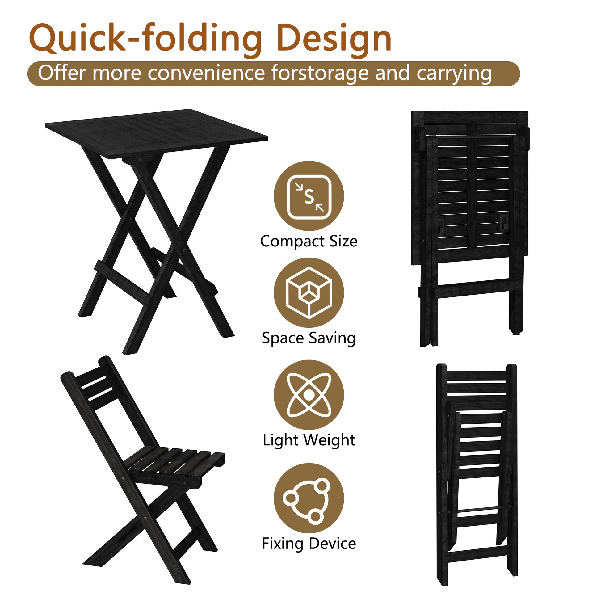 HLR 3-Piece Folding Bistro Table and Chairs Set, Outdoor Patio Solid Wood Furniture Sets with Table Outdoor Garden, Black