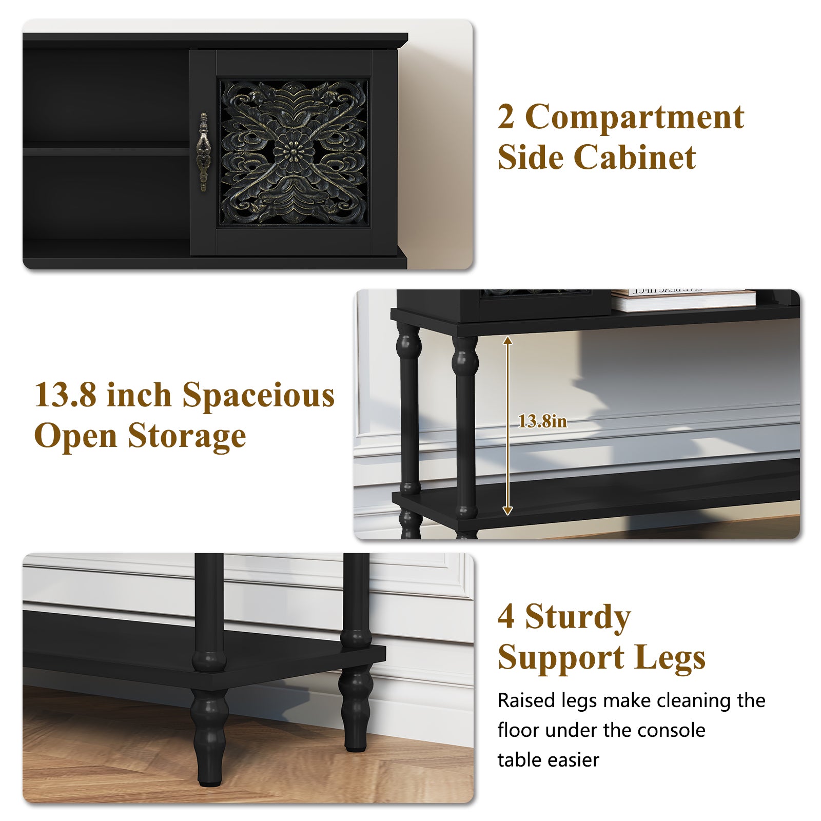 HLR Modern 42" Console Table with Storage, Entryway Table Wood Behind Couch with Shelves for Living Room, Black