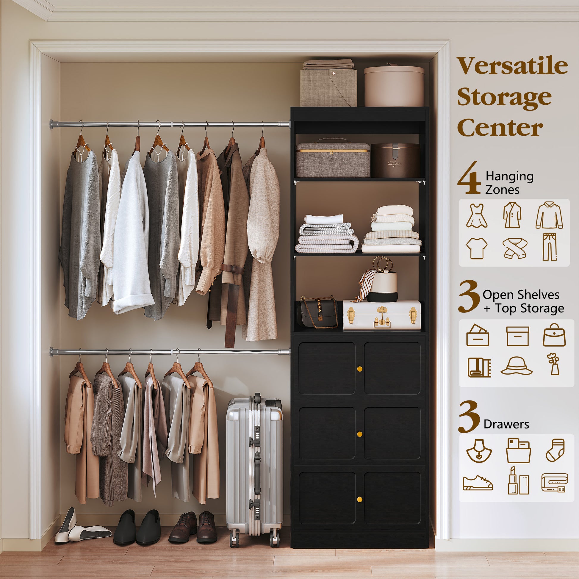 CBJCBJ Wood Closet Organizer System with 3 Drawers, 4 Hanging Rods, Wardrobe Clothes Rack for Bedroom,Black