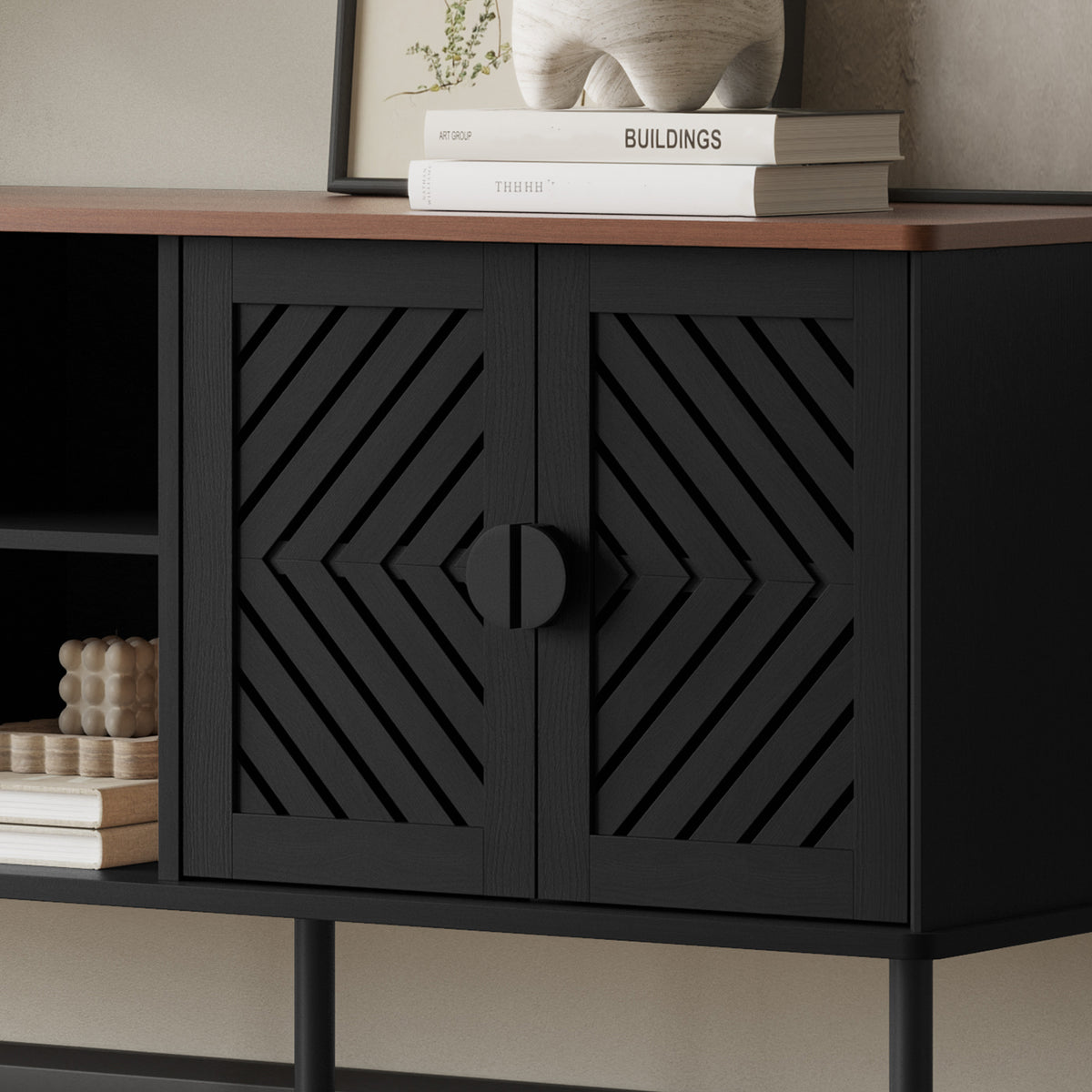 HLR Mid Century Modern 55" TV Stand for 65 Inch TV, Entertainment Center with Storage, Black
