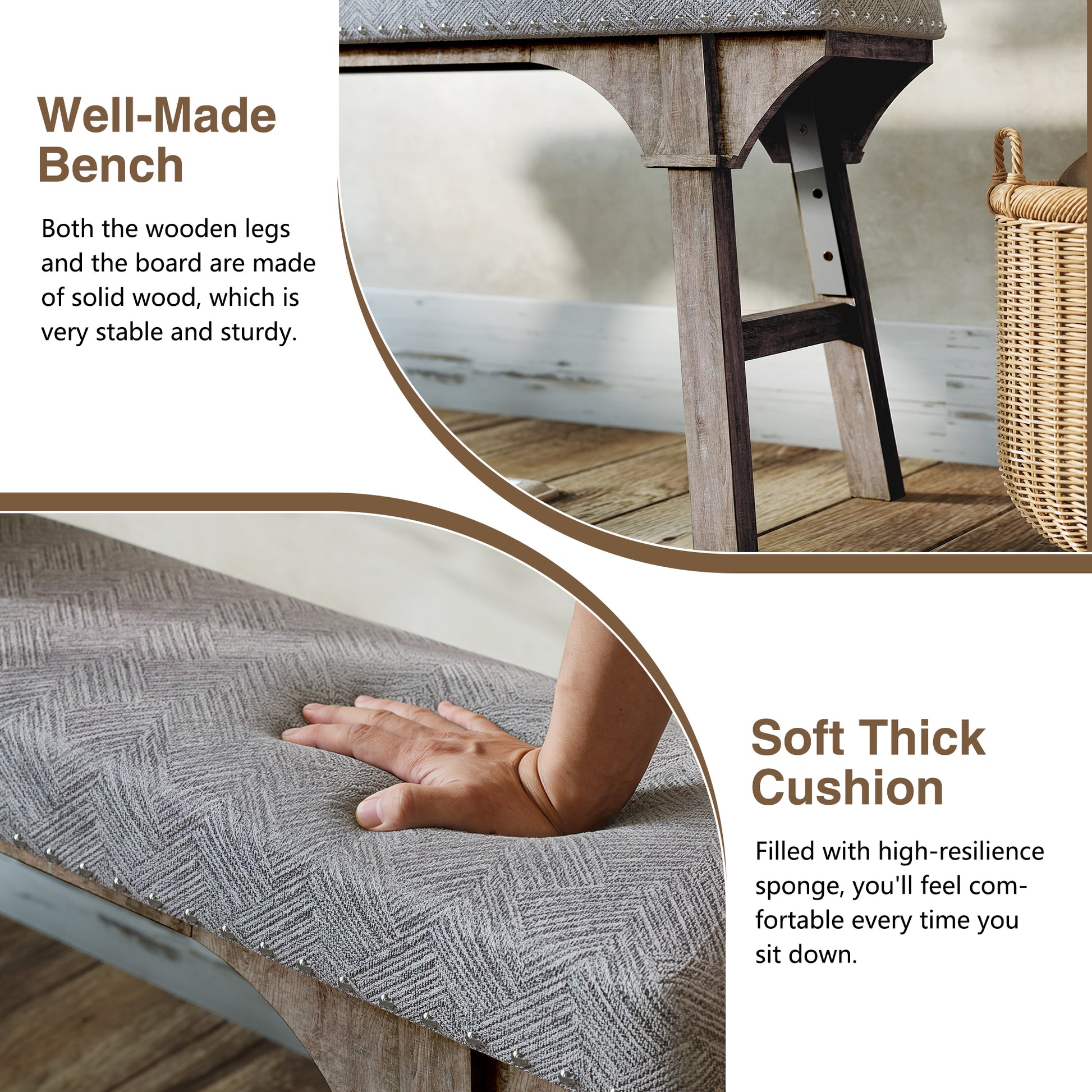HLR 44" Modern Bedroom Benches, Upholstered Entryway Bench/End of Bed Bench for Living Room, Gray