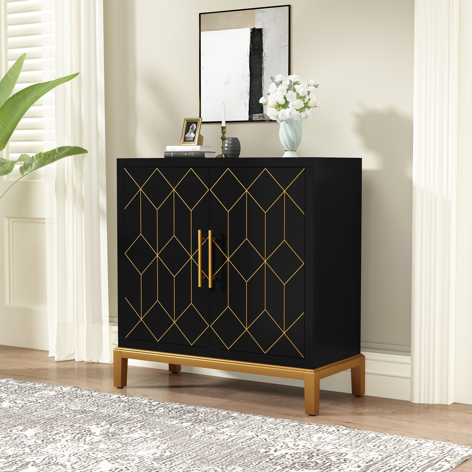 HLR 30.7"W Black Accent Cabinet with 2 Doors, Entryway Cabinet with Gold Trim, Modern Buffet Sideboards