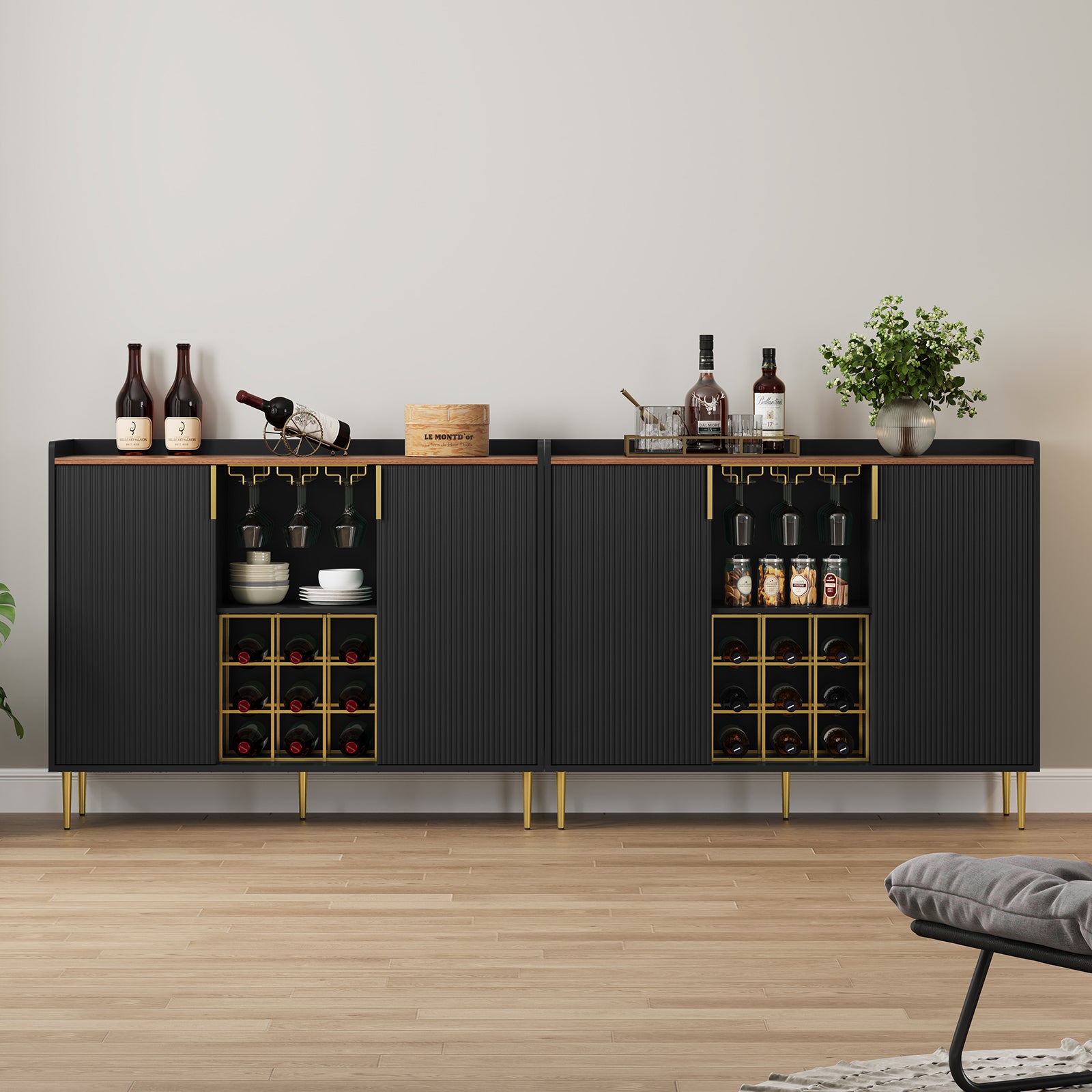 HLR 47.2" Coffee Wine Bar Cabinet with 2 Door, Modern Buffet Sideboard Table for Dining Room, Black
