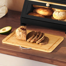 HLR Natural Bamboo Bread Box Kitchen Countertop with Cutting Board and Roll Top, Black 2-Tier Large Wood Bread Bin