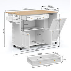 CBJCBJ Folding Rubber wood Kitchen Island, Kitchen Cart with Hidden Trash Can, Knife Rack & Spice Rack,White