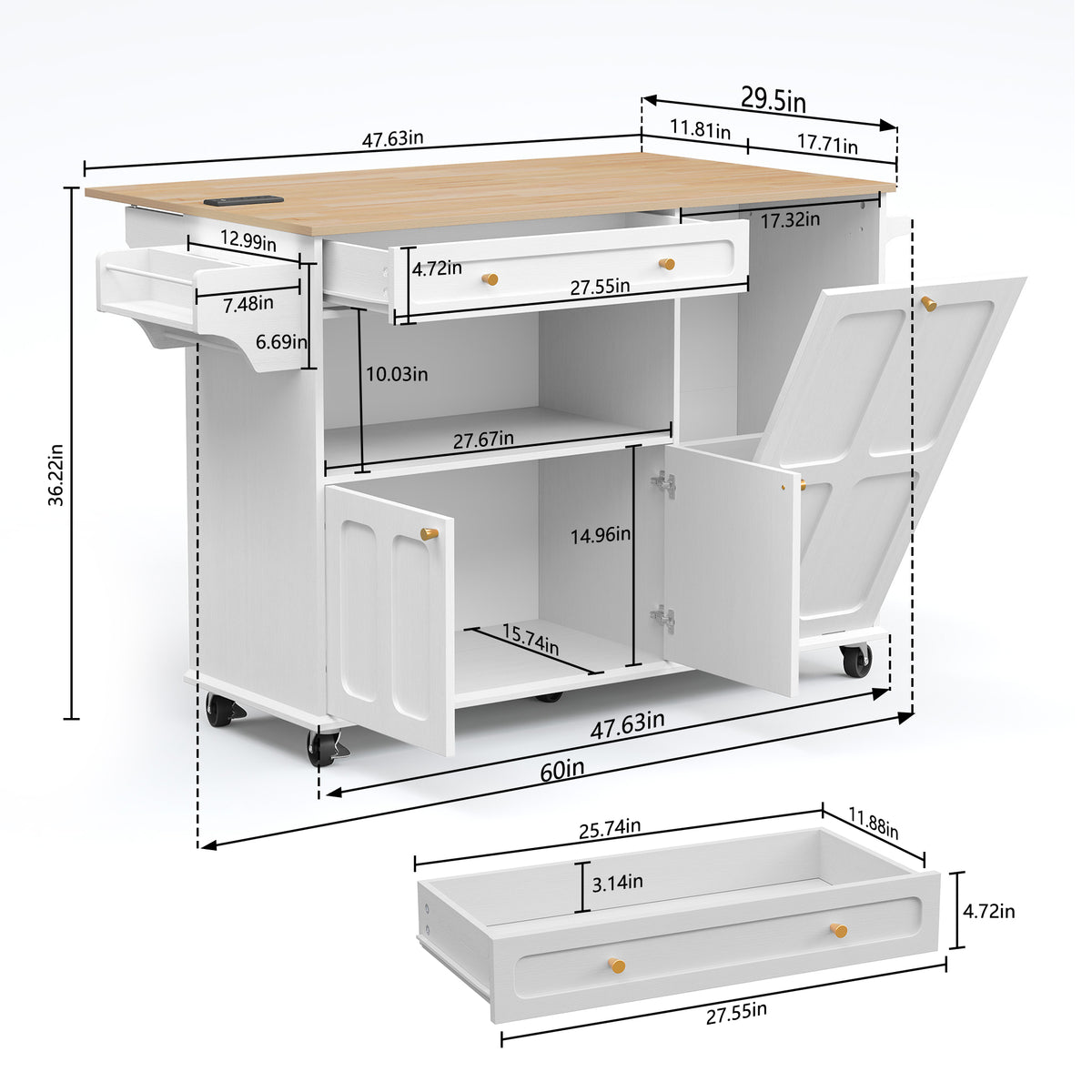 CBJCBJ Folding Rubber wood Kitchen Island, Kitchen Cart with Hidden Trash Can, Knife Rack & Spice Rack,White