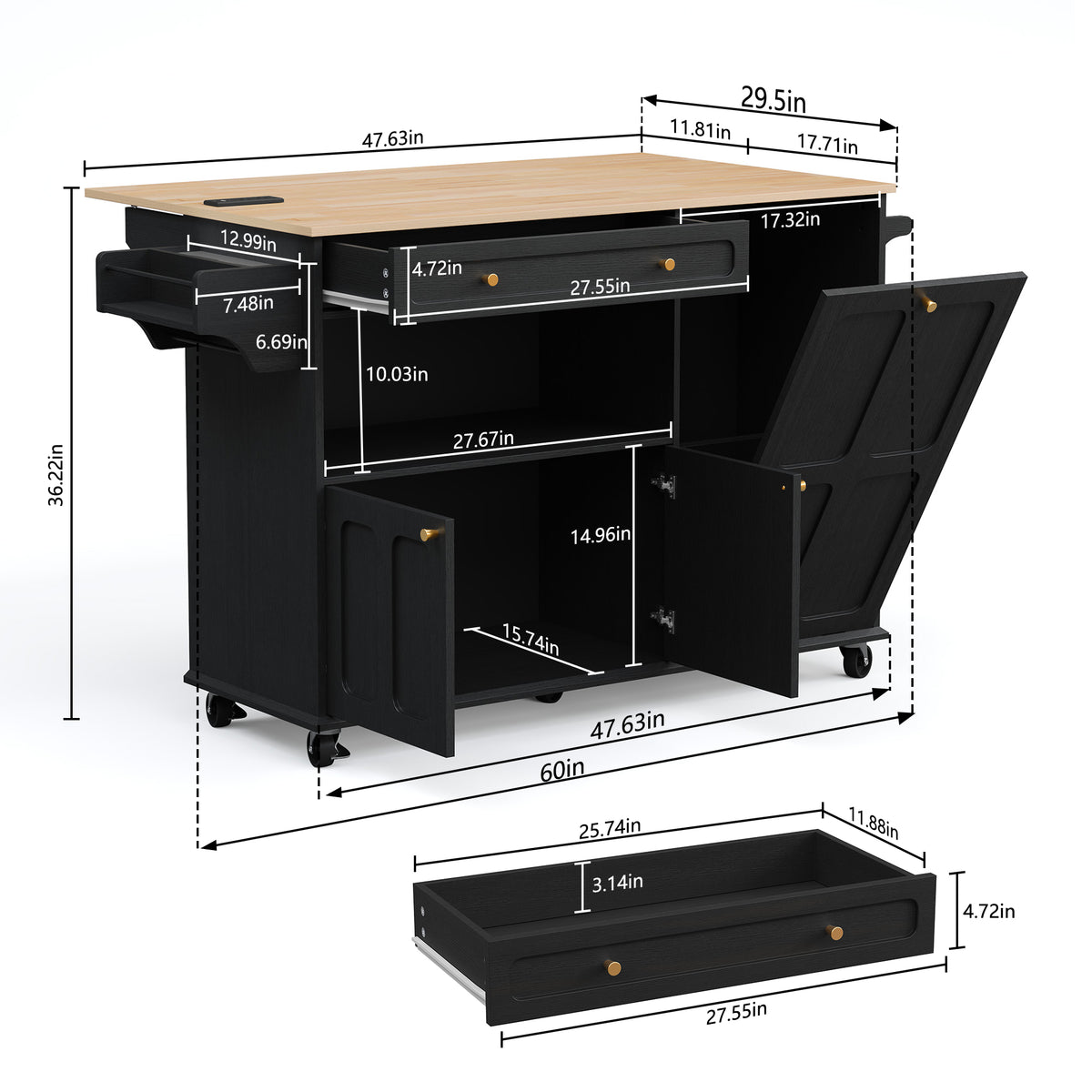 CBJCBJ Folding Rubber wood Kitchen Island, Kitchen Cart with Hidden Trash Can, Knife Rack & Spice Rack,Black