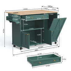 CBJCBJ Folding Rubber wood Kitchen Island, Kitchen Cart with Hidden Trash Can, Knife Rack & Spice Rack,Green
