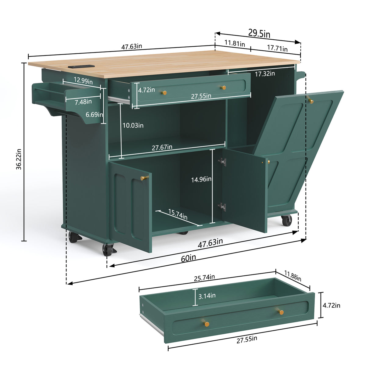 CBJCBJ Folding Rubber wood Kitchen Island, Kitchen Cart with Hidden Trash Can, Knife Rack & Spice Rack,Green