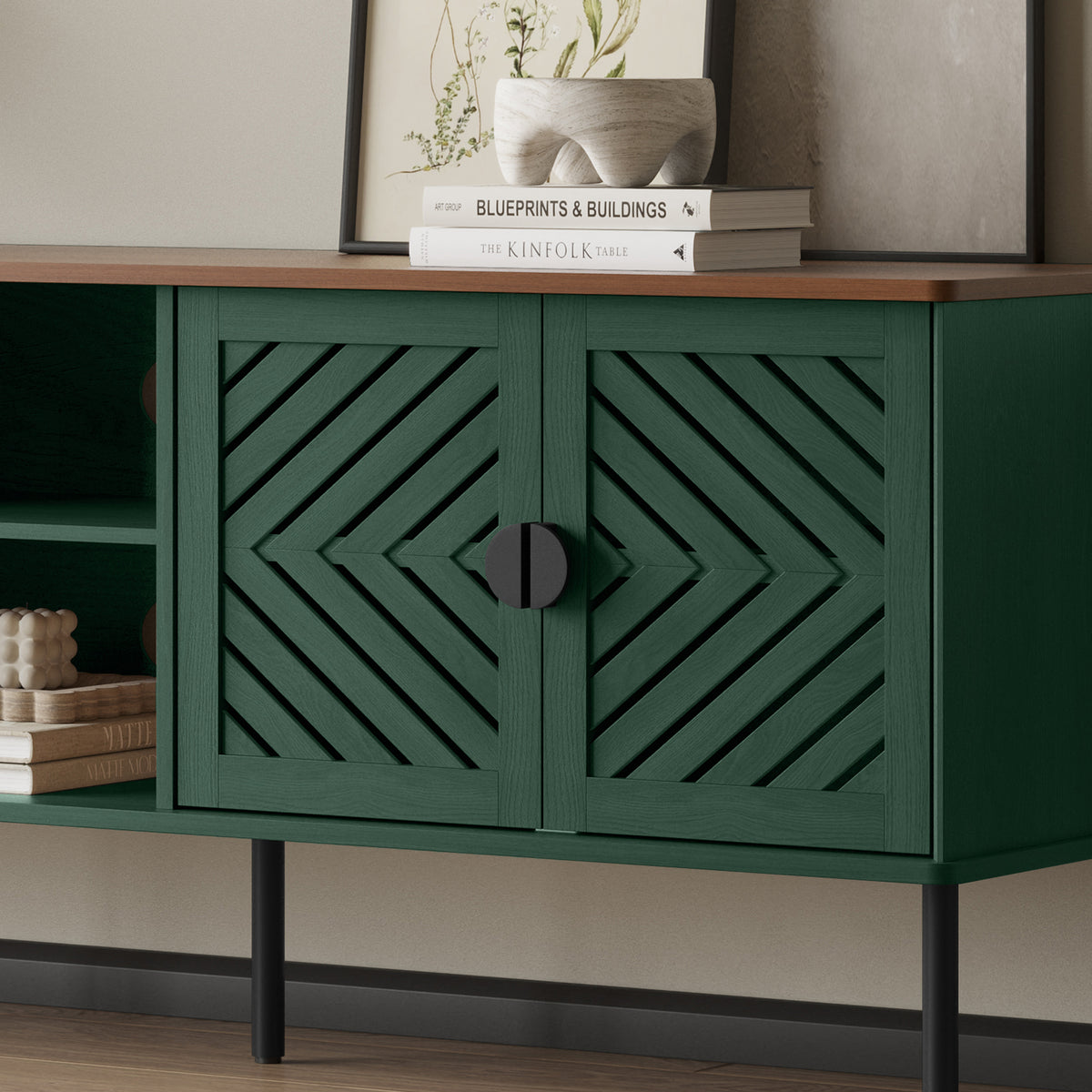 HLR Mid Century Modern 70" Large TV Stand for 80 Inch TV, Entertainment Center with Storage, Green