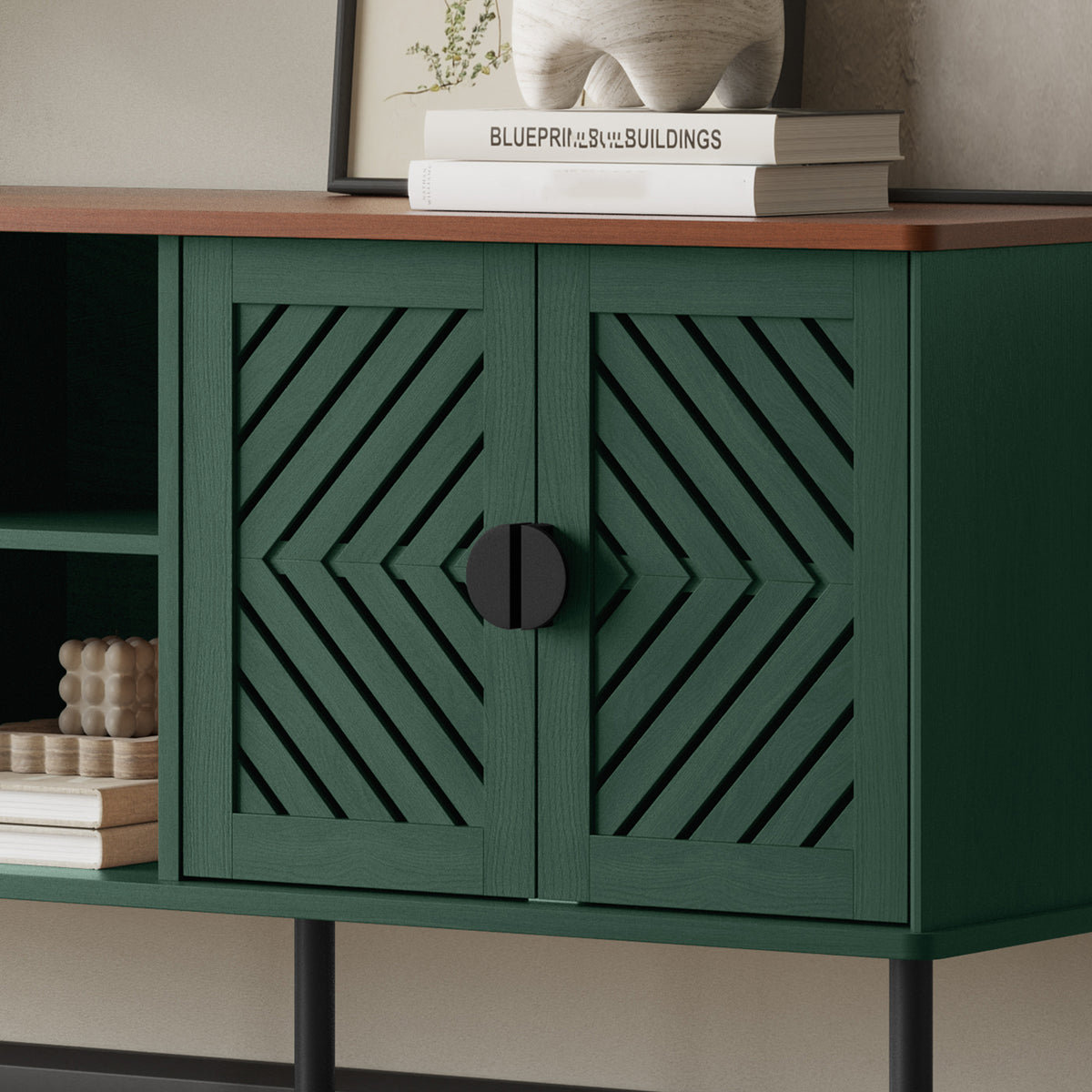 CBJCBJ Modern Mid Century 55" TV Stand for 65" TV, Entertainment Center with Storage and Openwork Cabinet Doors,Green