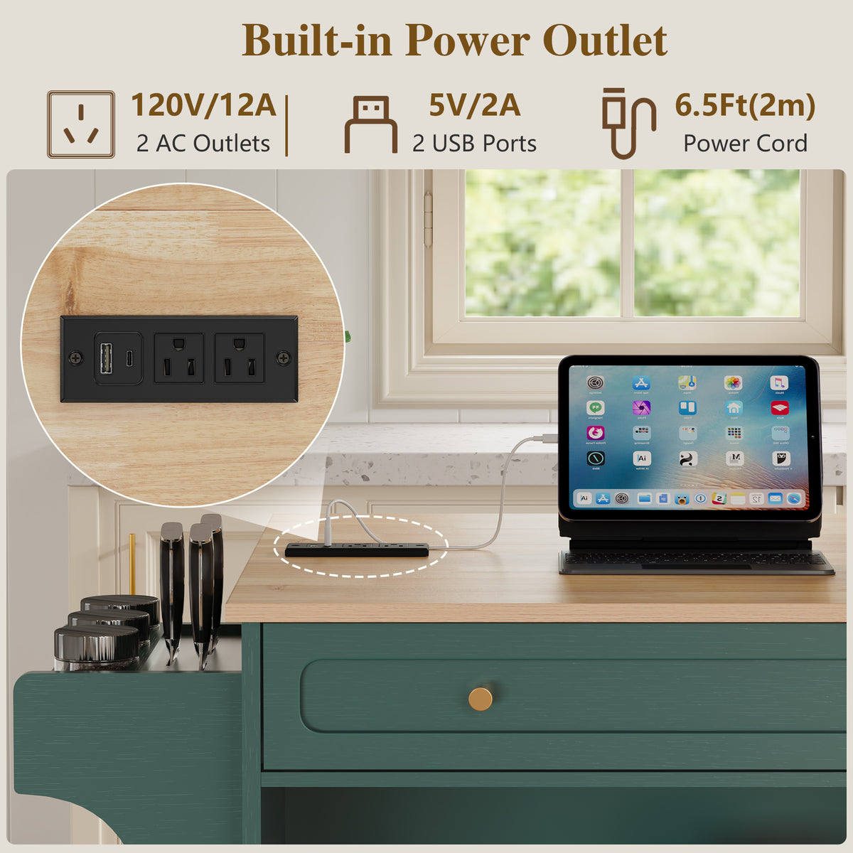 HLR Mid-Century 60" Kitchen Island with Trash Can Storage, Rolling Island Table, Green