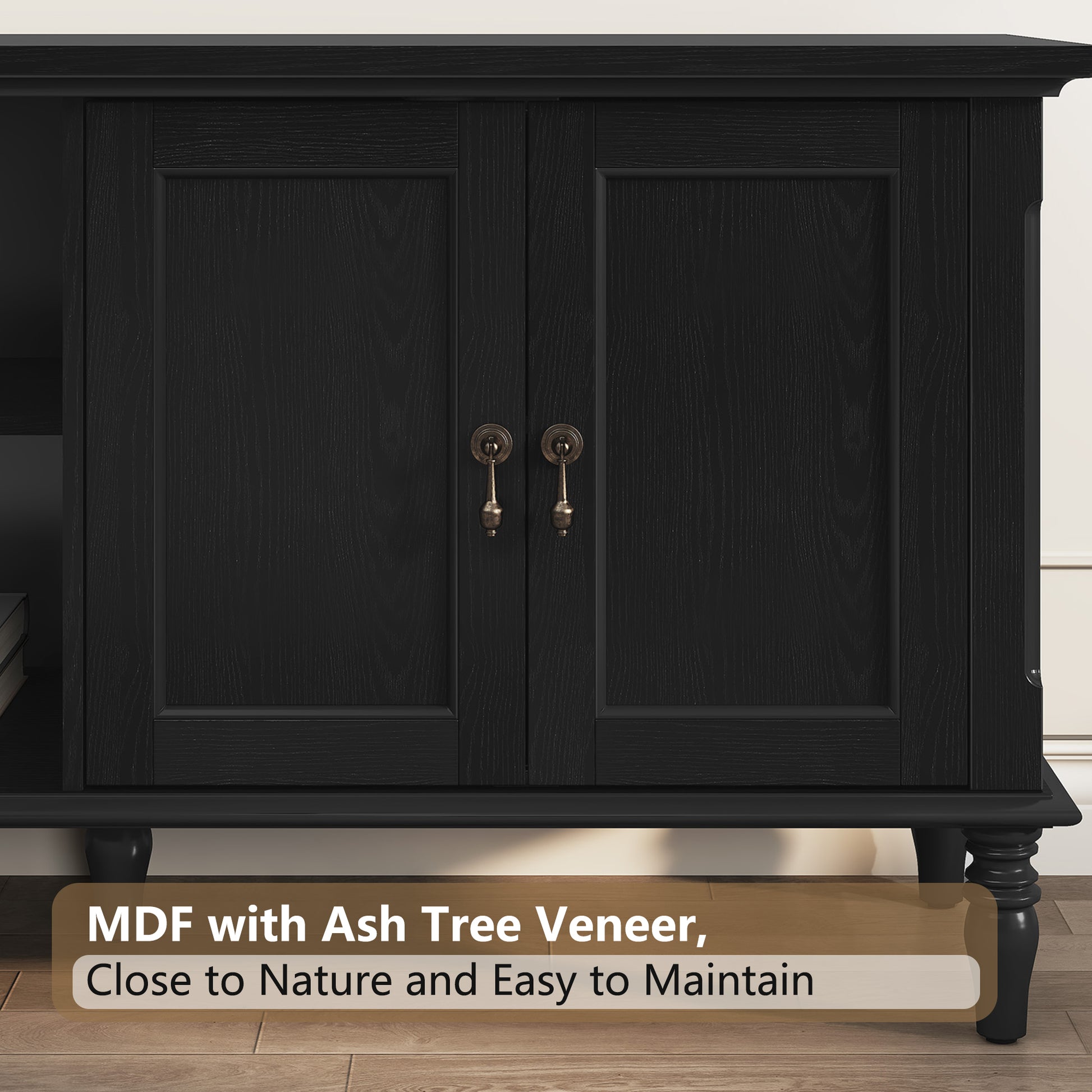 HLR 67" TV Stand, for TVs up to 75", Mid-Century Wood Entertainment Center for Living Room, Black