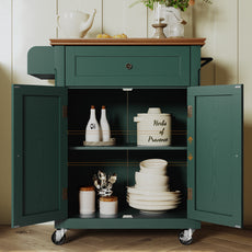CBJCBJ Kitchen Islands Cart on Wheels with Storage, Wood Microwave Table with Drawers and Spice Box , for Dining Room,Green