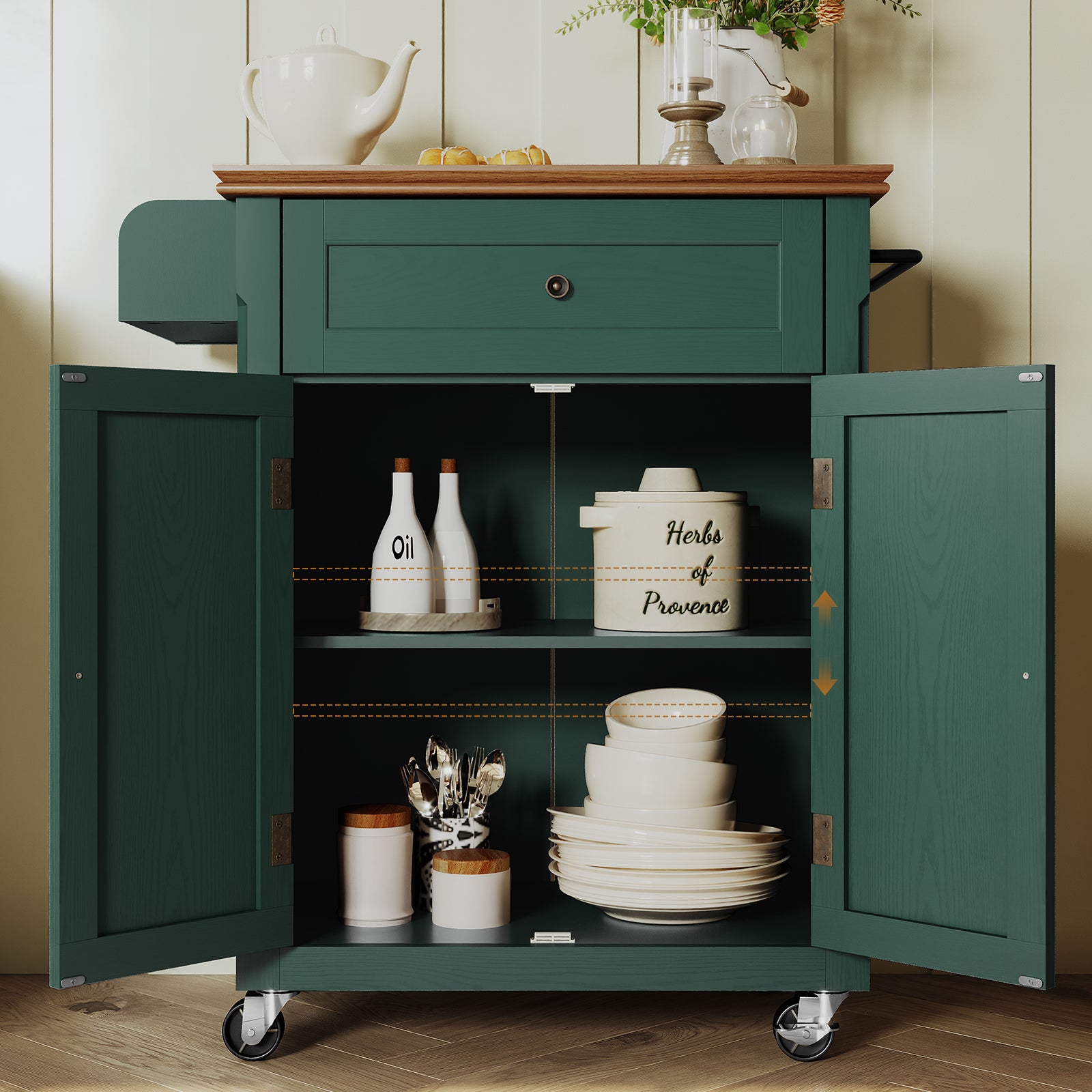 CBJCBJ Kitchen Islands Cart on Wheels with Storage, Wood Microwave Table with Drawers and Spice Box , for Dining Room,Green