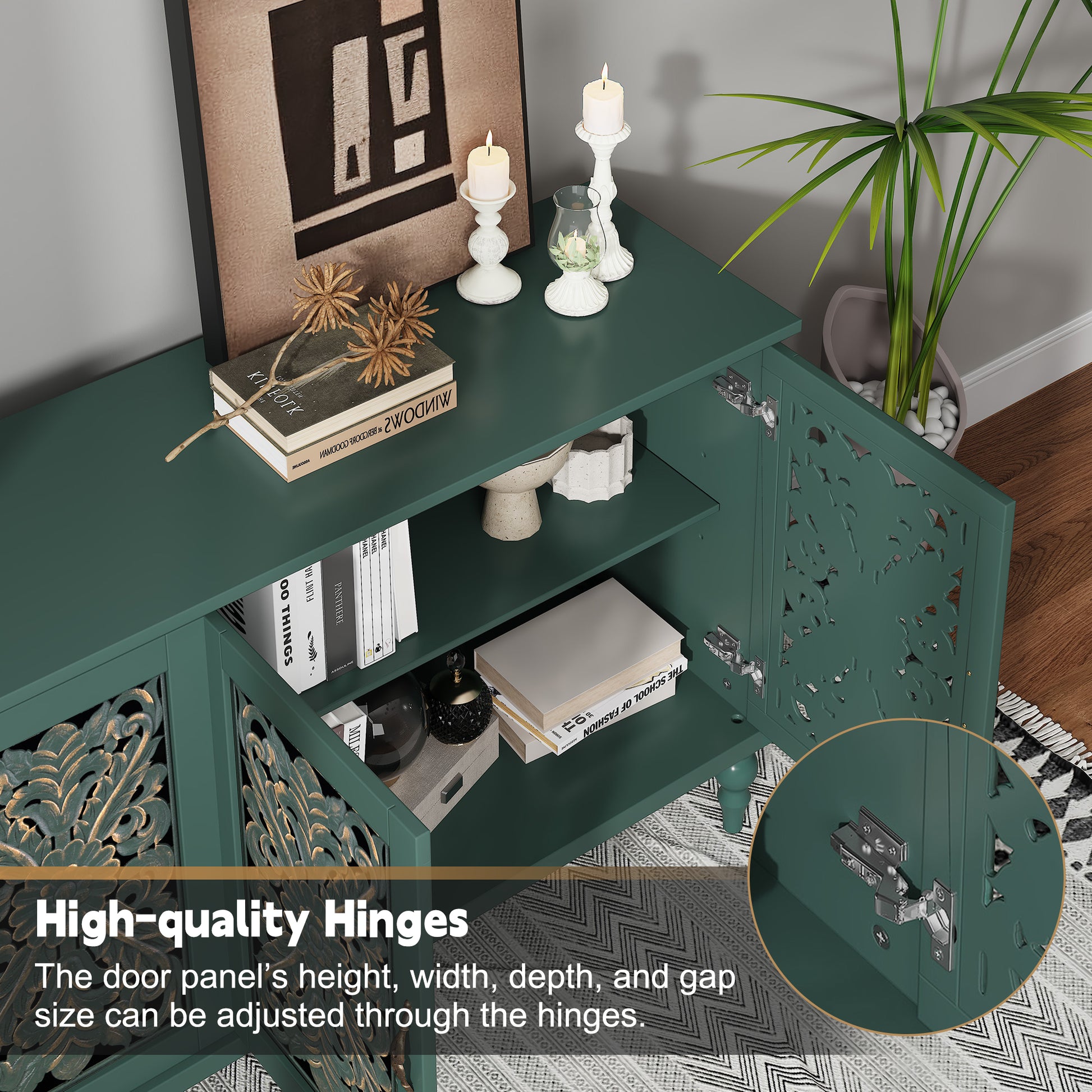 CBJCBJ 63" Mid Century Retro Sideboard Buffet Cabinet 4 Door, Accent Cabinet for Dining Room,Green