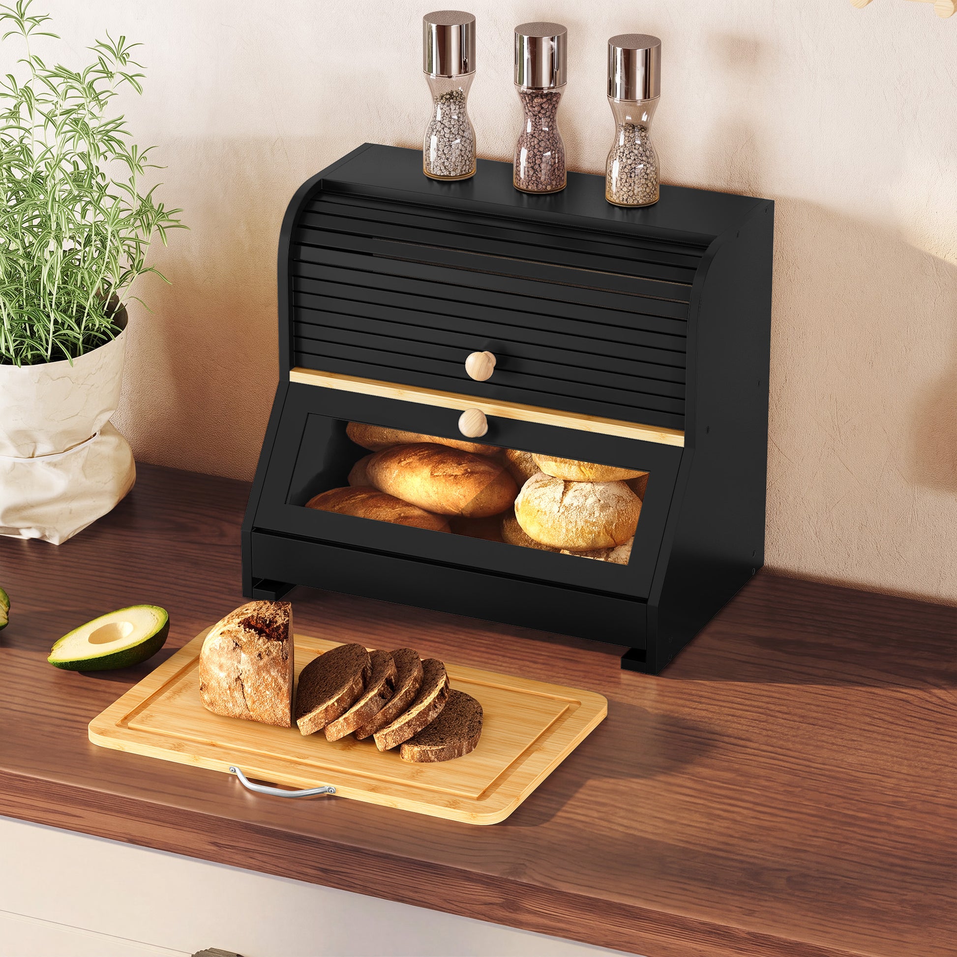 HLR Natural Bamboo Bread Box Kitchen Countertop with Cutting Board and Roll Top, Black 2-Tier Large Wood Bread Bin