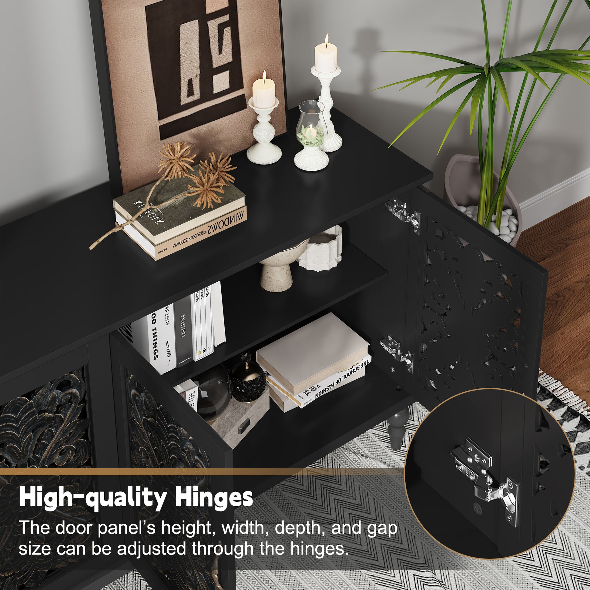 HLR 61.8" Accent Cabinet, 4 Doors Sideboards and Buffets Cabinet Buffet Cabinet with Storage for Living Room, Black