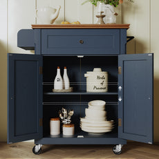 HLR Small Kitchen Islands Table with Storage, Rolling Wood Microwave Cart on Wheels for Dining Room, Blue