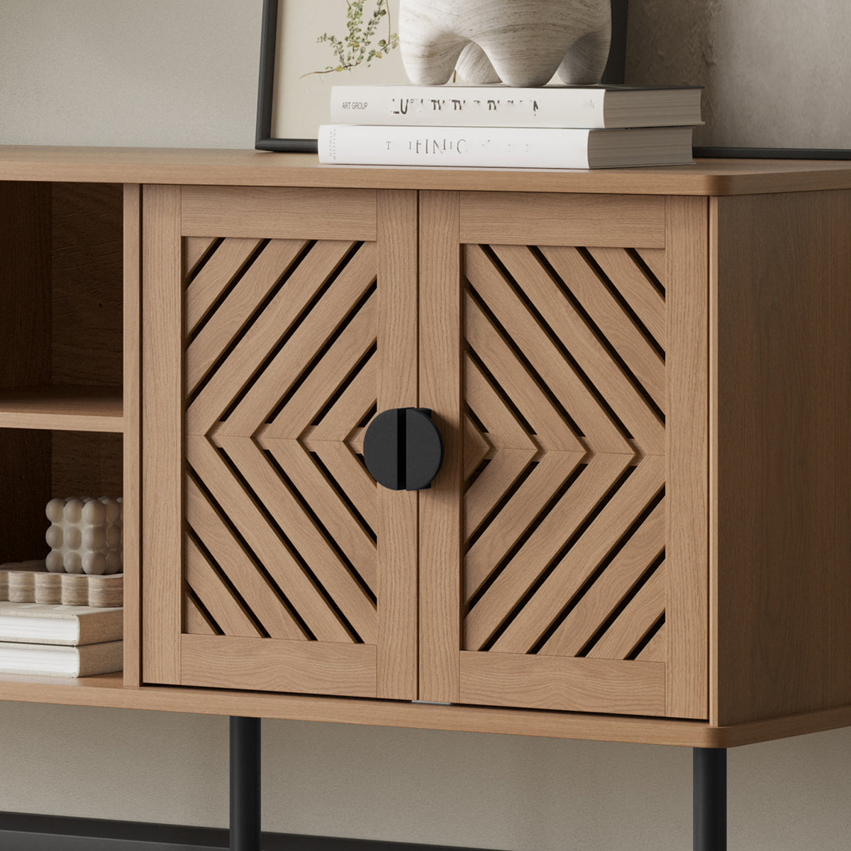CBJCBJ Modern Mid Century 55" TV Stand for 65" TV, Entertainment Center with Storage and Openwork Cabinet Doors,Wood
