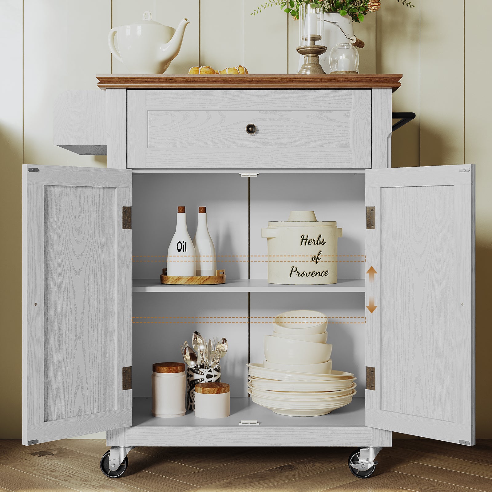 HLR Small Kitchen Islands Table with Storage, Rolling Wood Microwave Cart on Wheels for Dining Room, White