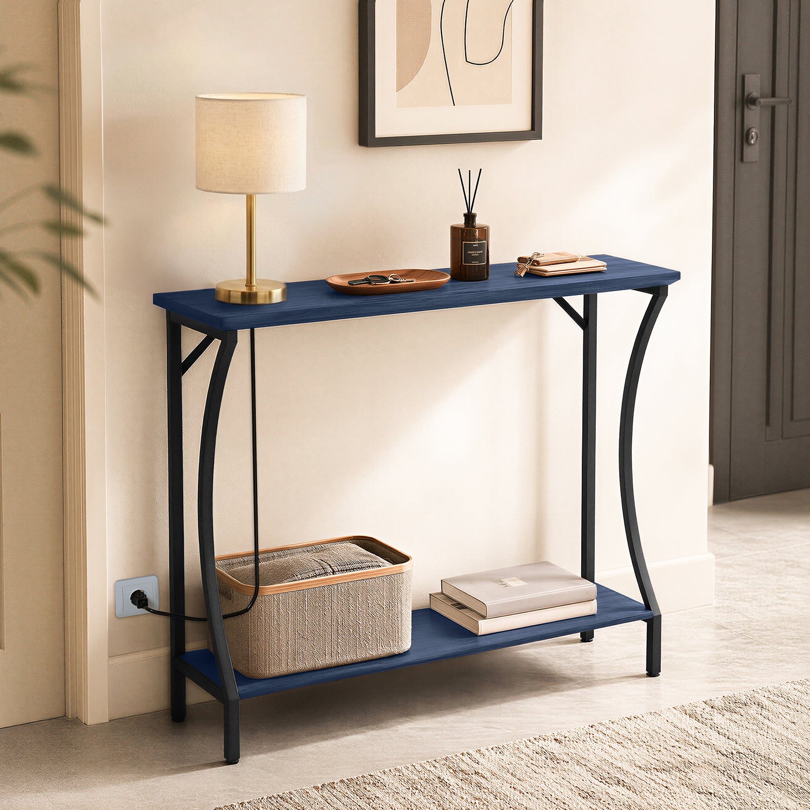 CBJCBJ Narrow Console Table with Charging Station, 2-Tier Simple Entryway Table for Living Room Hallway,Blue