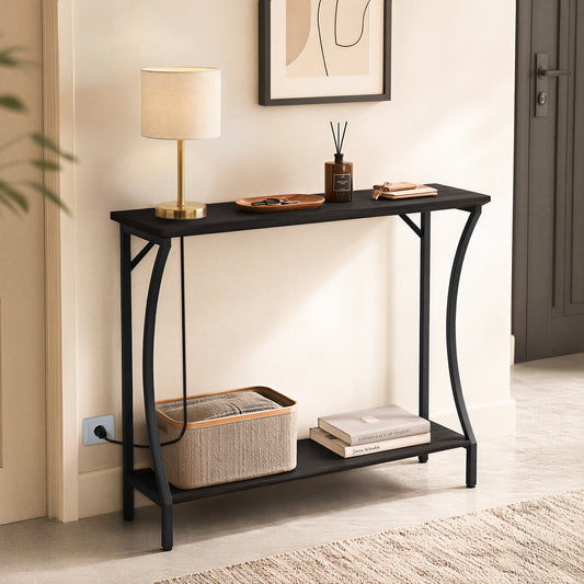 CBJCBJ Narrow Console Table with Charging Station, 2-Tier Simple Entryway Table for Living Room Hallway,Black