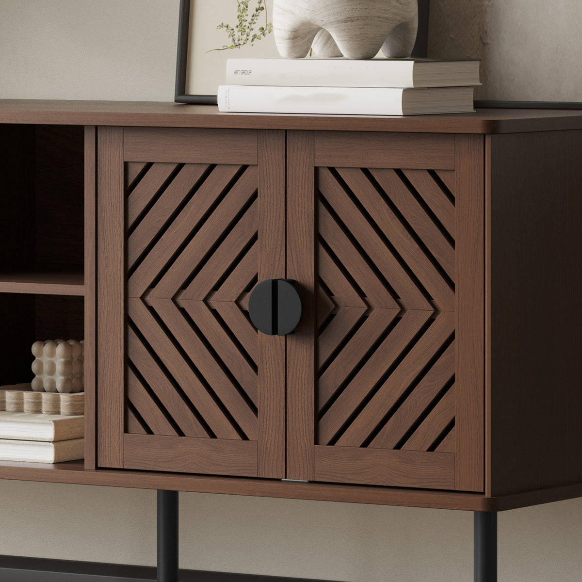 CBJCBJ Modern Mid Century 55" TV Stand for 65" TV, Entertainment Center with Storage and Openwork Cabinet Doors, Walnut