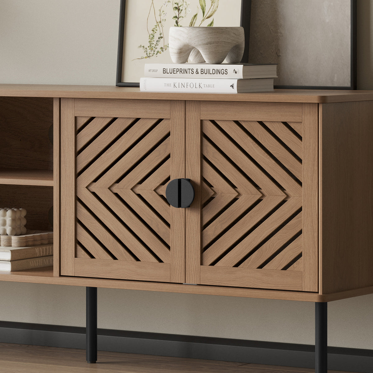 HLR Mid Century Modern 70" Large TV Stand for 80 Inch TV, Entertainment Center with Storage, Walnut