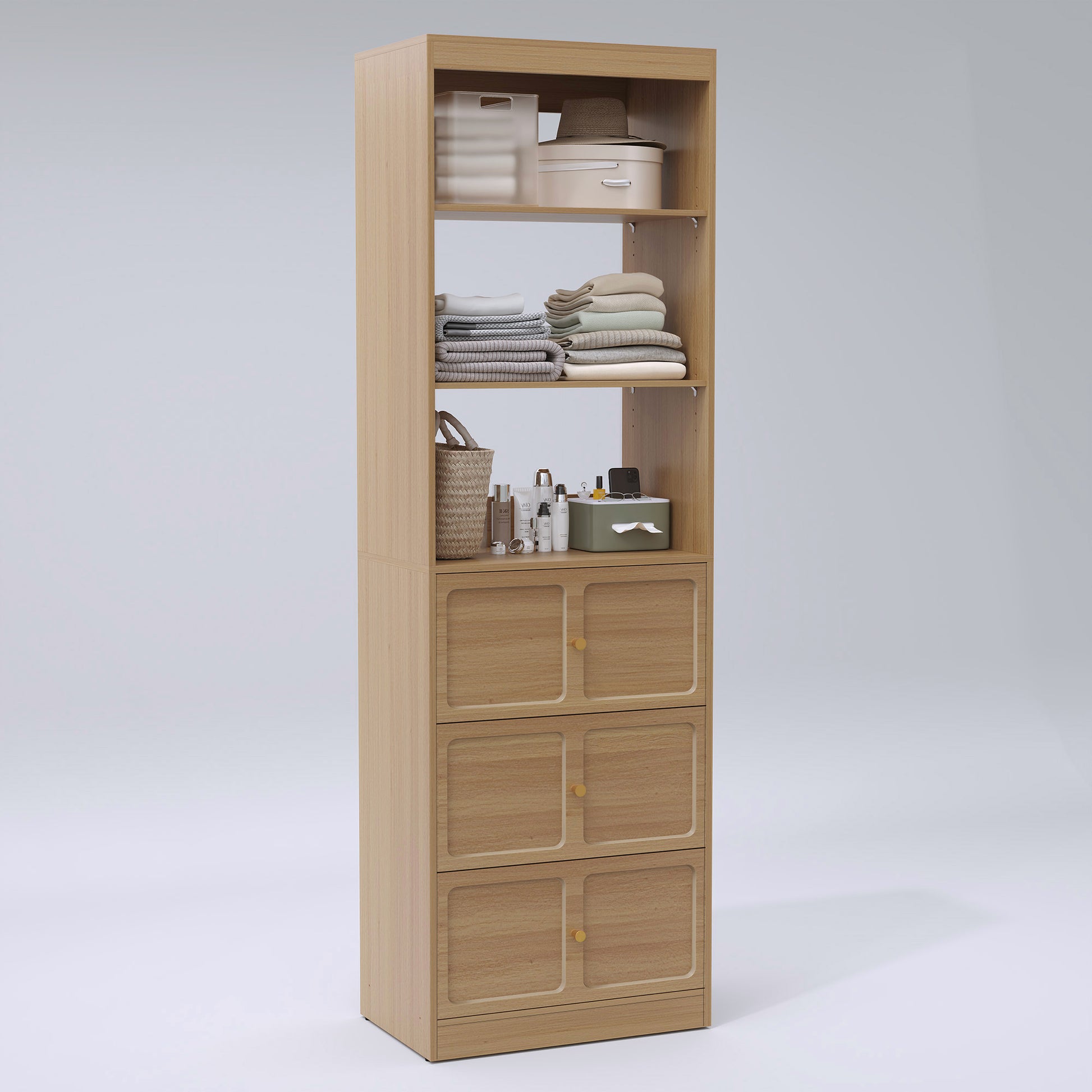 HLR Open Wardrobe Closet System with Adjustable Hanging Rods, Storage Cabinet with Drawers and Shelves,Brown