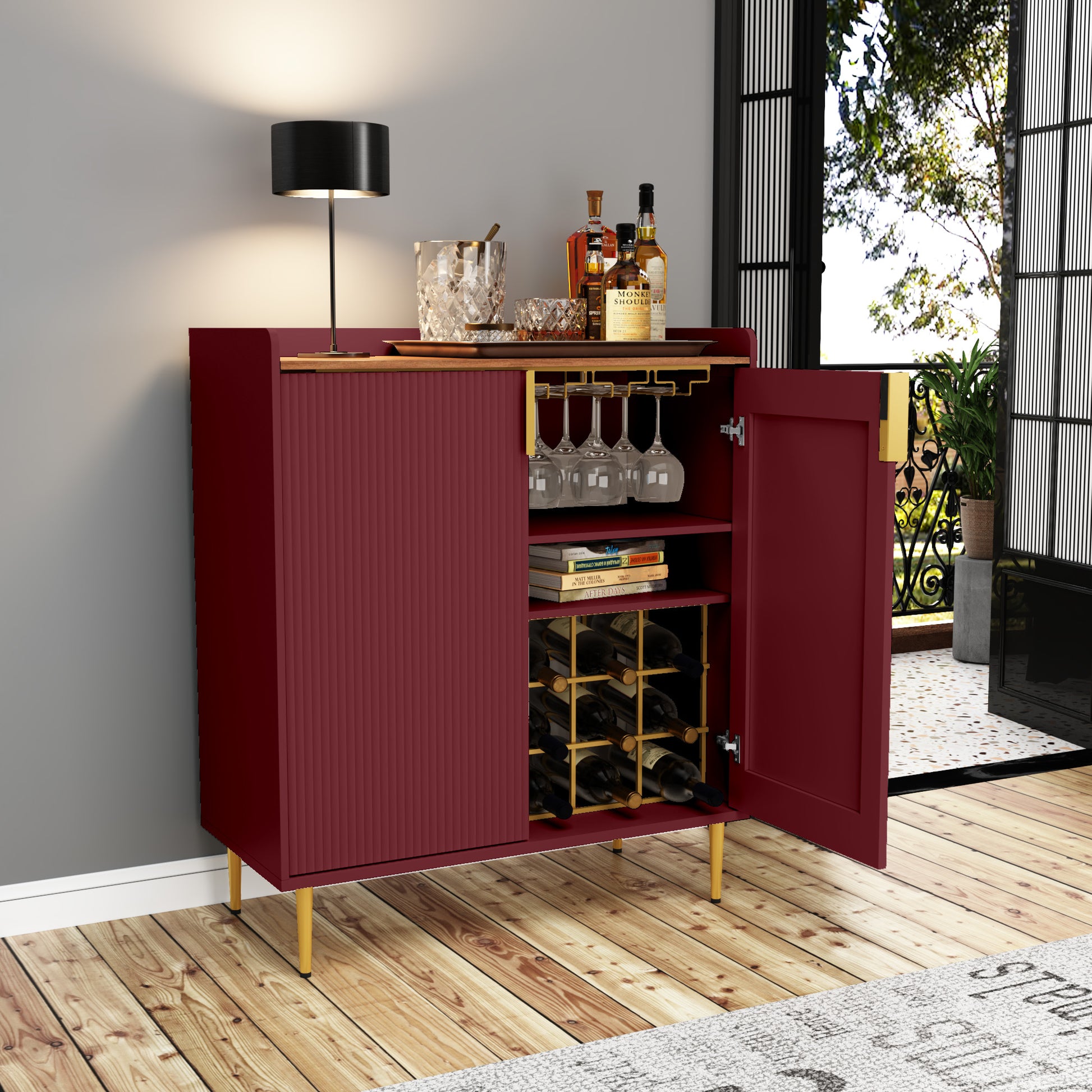 CBJCBJ Modern Wine Cabinet, Home Bar Cabinet with Storage Drawers and Wine Rack, Kitchen Sideboard,Red
