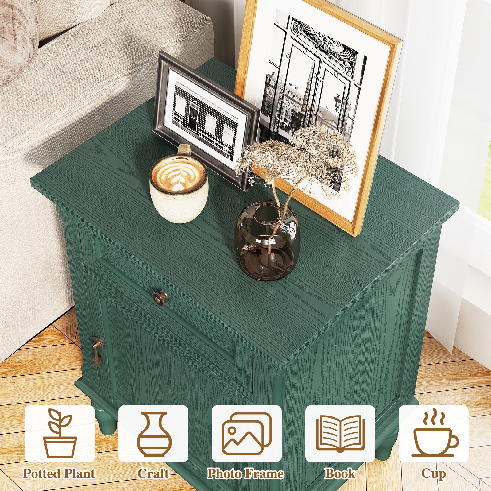 HLR 25"H Nightstands Set of 2, Modern Retro Bedside Table with Drawer, End Table for Bedroom, Green
