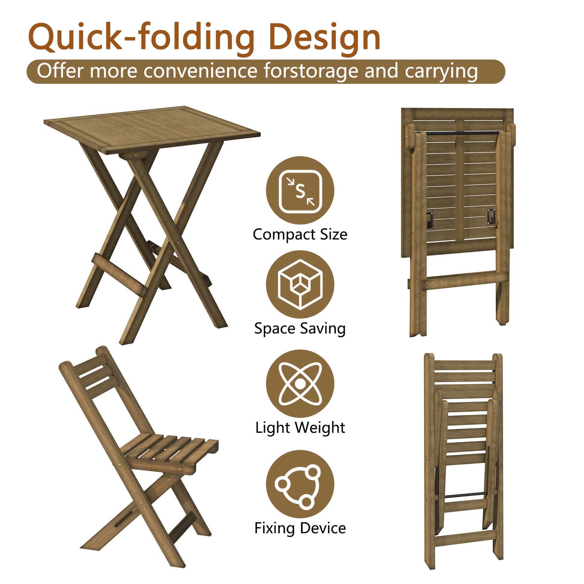 HLR 3-Piece Folding Bistro Table and Chairs Set, Outdoor Patio Solid Wood Furniture Sets with Table Outdoor Garden, Brown