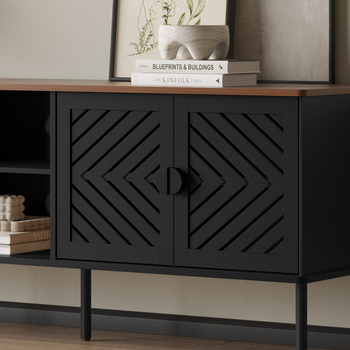 HLR Mid Century Modern 70" Large TV Stand for 80 Inch TV, Entertainment Center with Storage, Black