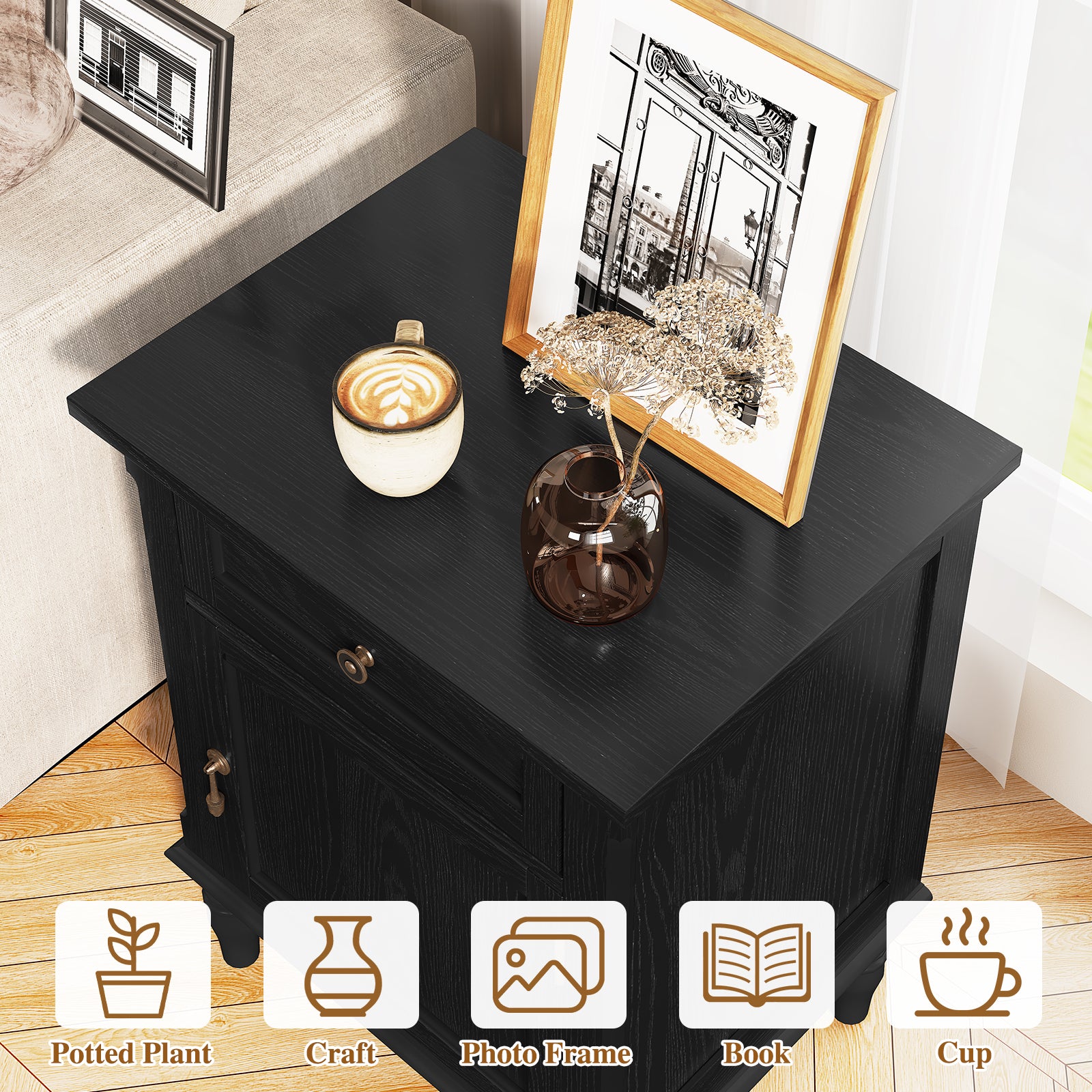 CBJCBJ 19" Retro Nightstands Set of 2, Bedside Table with Storage Drawers, for Bedroom, Living room,Black