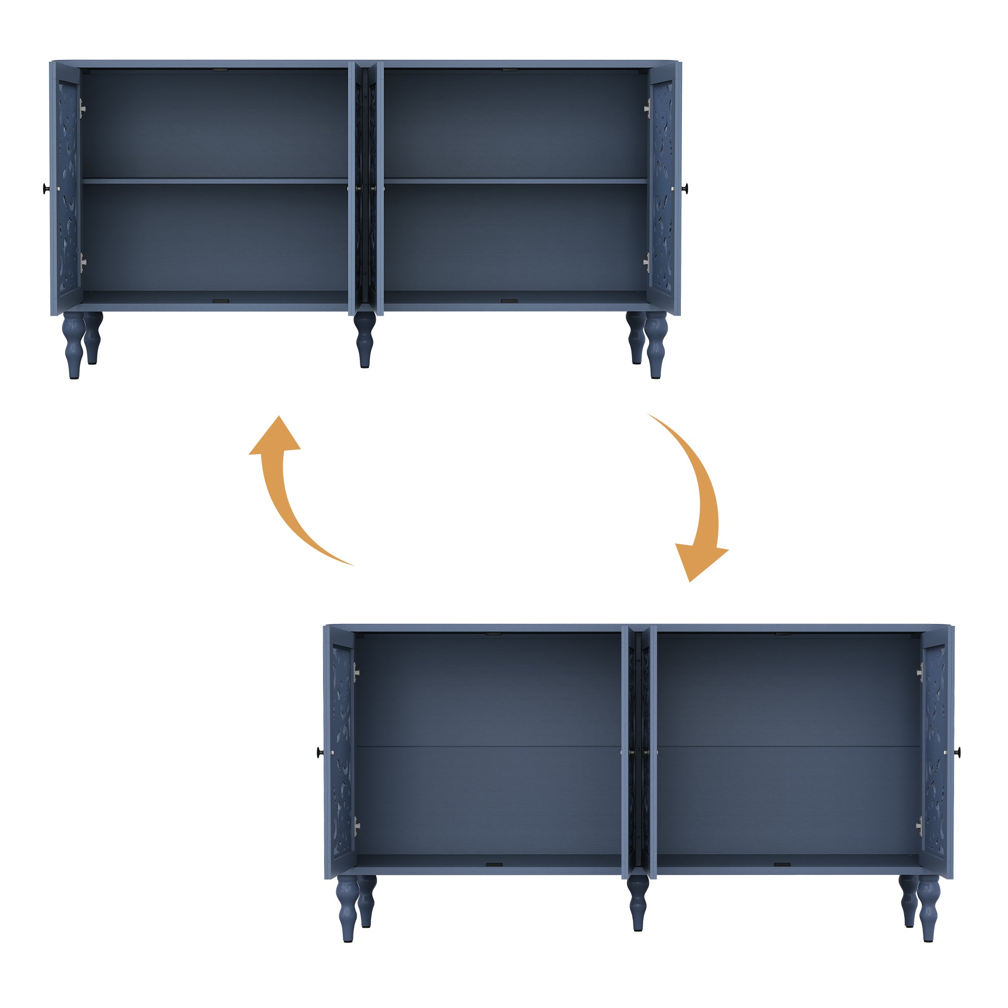 HLR 63" Mid Century Rounded Corners Sideboards Buffets Cabinet with 4 Doors Storage for Kitchen Dining, Blue